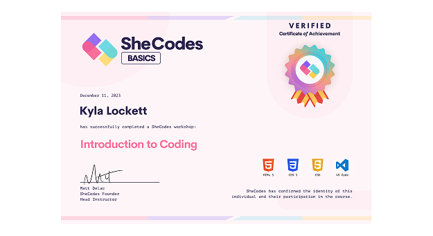 SheCodes Basics Certificate